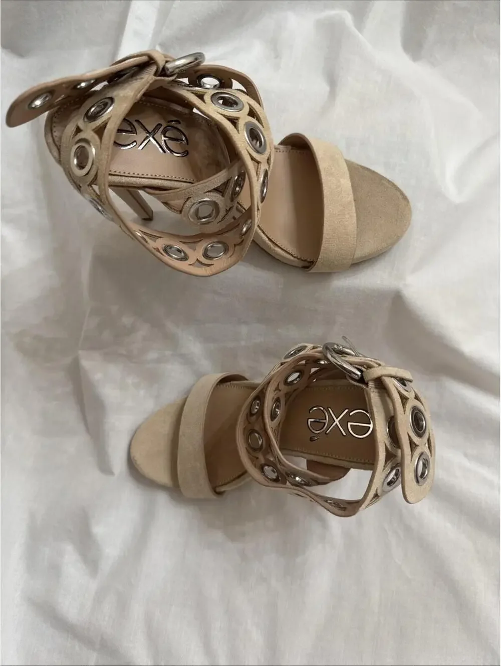 Exé Women’s Nude Beige High Heel Sandals – Real Leather – Size 38 (US 7.5)